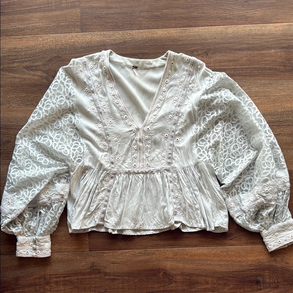 Free People Lace Blouse baby blue long sleeve v-neck